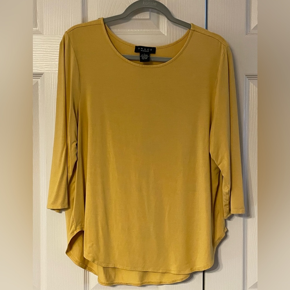 Grace, Mustard, Top, 3/4th Sleeves, Hi-Lo, Pleats, Soft, Stretch, Large